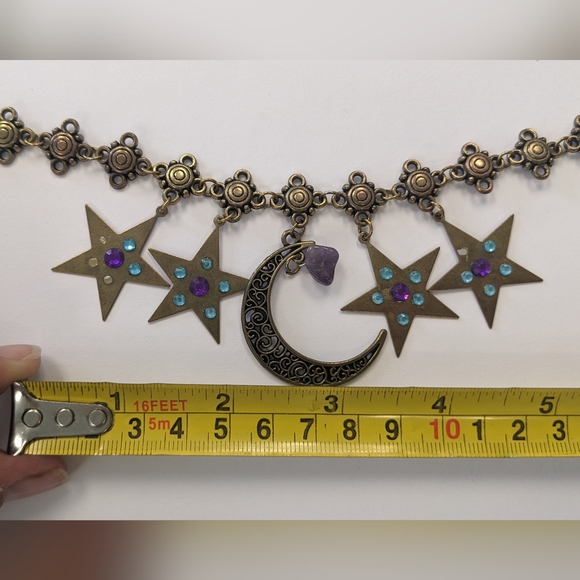 VTG METAL BRONZE/GOLD TONE MOON & STARS NATURAL GEM STONE NECKLACE - Picture 10 of 13